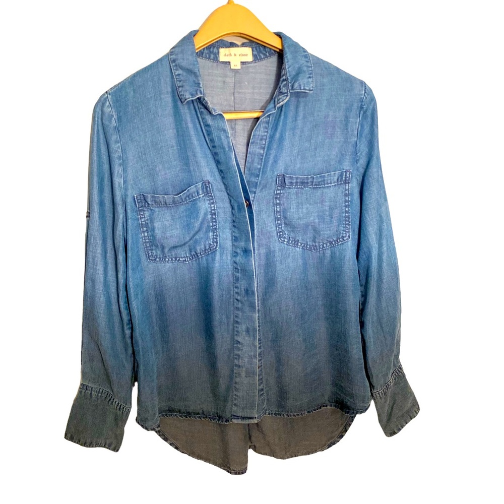Cloth & Stone Chambray Ombre Split Back Button Down Shirt Women’s XS Blue